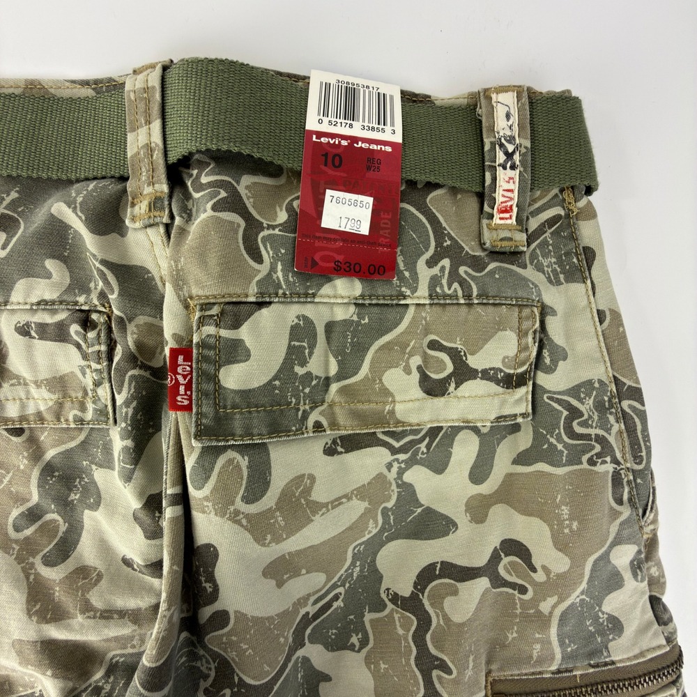 Levis Kids Camo Cargo Shorts Size 10 Regular Green Tan Cotton Workwear Belted